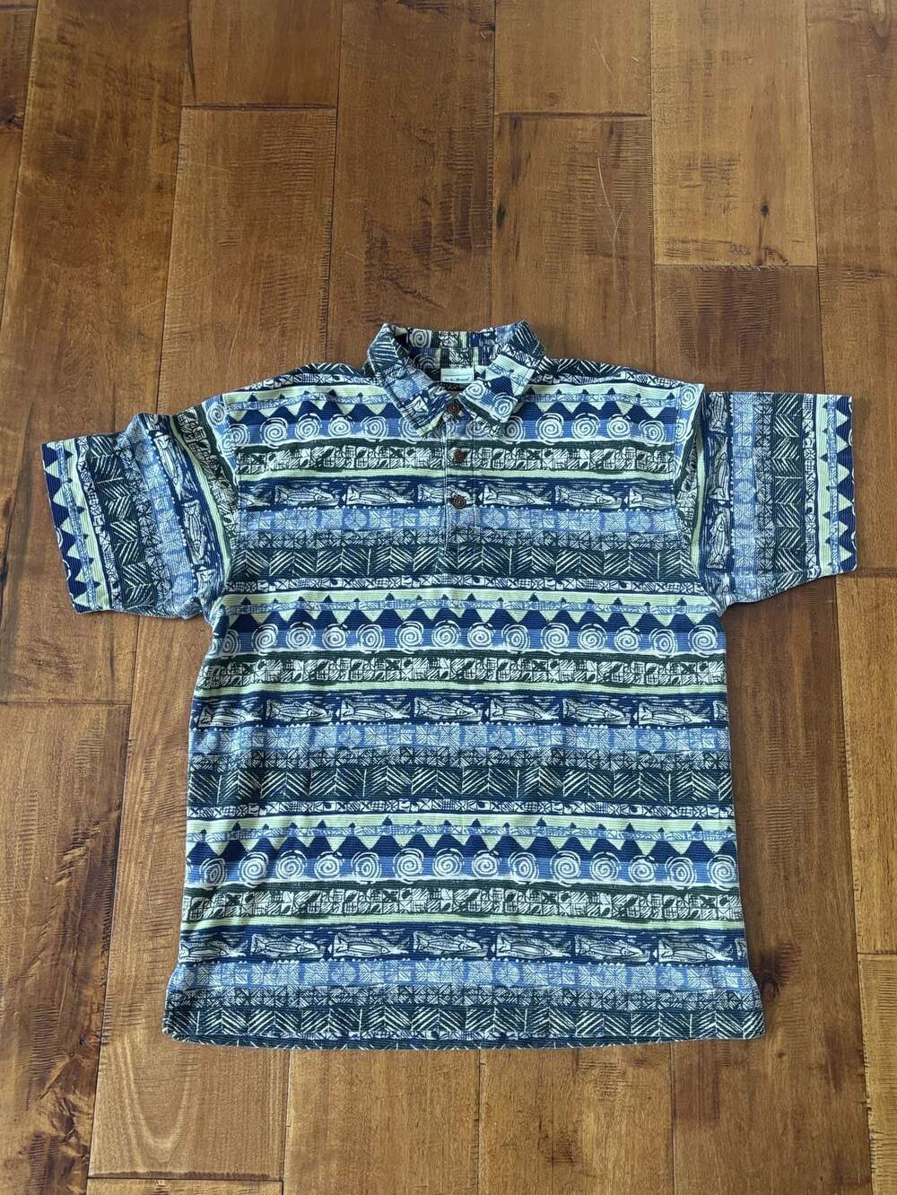 Vintage L.L. Bean 90s Short Sleeve Polo Shirt with Geometric Fish Print